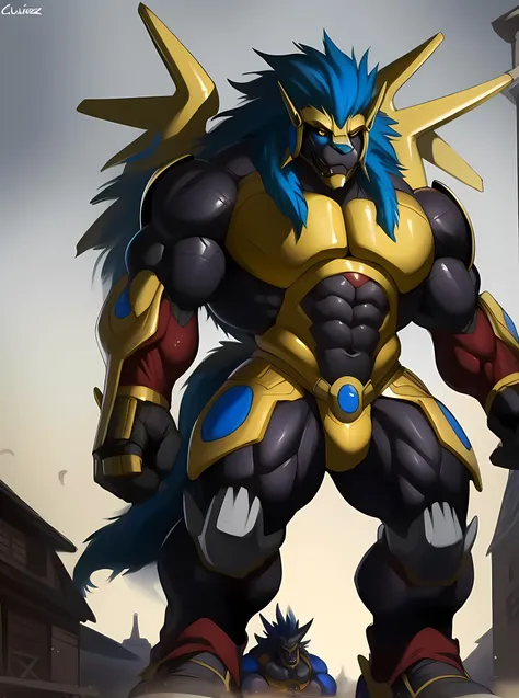 masterpiece, ultra detailed, multicolored eyes, celestial being, solo focus, male, apollomon whispered, black lion, digimon, gold armor, yellow eyes, glowing yellow eyes, full body, official art, video games, muscular, powerful veiny muscles, long body, wide chest, thick arms, thick legs, detailed eyes, robot, mecha, long blue mane, long blue hair, (perfect proportions:1.1), (Delicate face:1), (Delicate eyes:1), smug condescending smile, mocking gaze, make a night time picture of apollomon whispered reveling in his newfound strength after defeating his enemies, apollomon whispered is strutting around majestically with extreme confidence, cinematic extreme low angle shot, evil, villain, body looking powerful and ascending beyond godhood after absorbing the data of surrounding enemies, light blue aura, (art by Chunie, narse, jiandou, yupa, rakisha, kiyosan, darkgem, null-ghost, jiandou, XUAN_SIRIUS, Spelunker_Sal, meesh, FrAnubis, drks, jrjresq, bastroceive, ReptileCynrik, Saltypoundcake, tojo the thief, narse, honovy, Izrez, twinkle-sez, Adios, OrcFun), <lora:ApollomonWhispered:0.85>