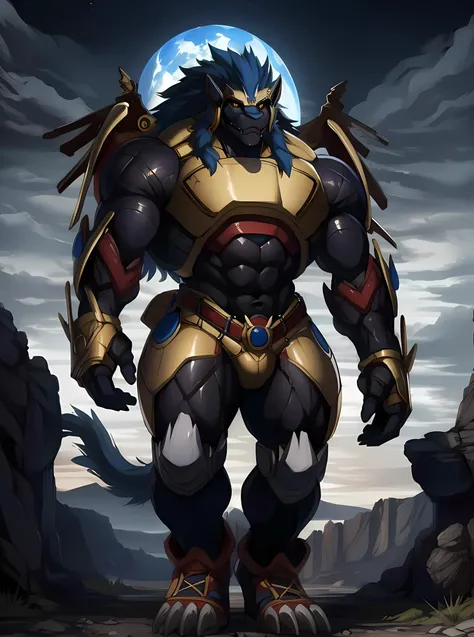 masterpiece, ultra detailed, solo focus, male, apollomon whispered, black lion, digimon, gold armor, yellow eyes, glowing yellow eyes, full body, official art, muscular, absurdly high detail, detailed eyes, robot, mecha, long blue mane, long blue hair, (perfect proportions:1.1), (Delicate face:1), (Delicate eyes:1), (handsome!), make a picture of apollomon whispered, (art by Midjourney, Chunie, narse, jiandou, yupa, rakisha, kiyosan, darkgem, null-ghost, jiandou, XUAN_SIRIUS, Spelunker_Sal, meesh, FrAnubis, drks, jrjresq, bastroceive, ReptileCynrik, Saltypoundcake, tojo the thief, narse, honovy, Izrez, twinkle-sez, Adios, OrcFun), <lora:ApollomonWhispered:0.85> <lora:xsarchitectural-12NightMoonsci-fi:0.8> foreground, moonlight reflection, sacredness, landscape, bright, fhd, 4k, high resolution, realistic, hyperrealism, ultra wide shot, canon 5d, v-ray, quixel megascans render, octane render