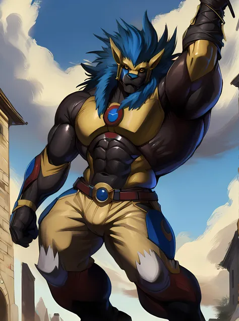 masterpiece, ultra detailed, official Bandai art, solo focus, male, apollomon whispered, black lion, digimon, gold armor, yellow eyes, glowing yellow eyes, full body, official art, muscular, absurdly high detail, detailed eyes, robot, mecha, long blue mane, long blue hair, (perfect proportions:1.1), (Delicate face:1.5), (Delicate eyes:1.5), (handsome!), make a picture of apollomon whispered performing an anime fighting action pose, extreme low angle, (art by Midjourney, Chunie, narse, jiandou, yupa, rakisha, kiyosan, darkgem, null-ghost, jiandou, XUAN_SIRIUS, Spelunker_Sal, meesh, FrAnubis, drks, jrjresq, bastroceive, ReptileCynrik, Saltypoundcake, tojo the thief, narse, honovy, Izrez, twinkle-sez, Adios, OrcFun), <lora:ApollomonWhispered:0.85> <lora:LeomonFRL22nO:0.8> leomon