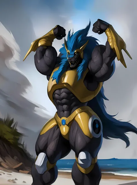 masterpiece, ultra detailed, multicolored eyes, celestial being, solo focus, male, apollomon whispered, black lion, digimon, gold armor, evil villain, yellow eyes, full body, official art, video games, muscular, large veiny muscles, detailed eyes, robot, mecha, long blue mane, long blue hair, (perfect proportions:1.1), (Delicate face:1), (Delicate eyes:1), make a picture of apollomon whispered at the beach and flexing his arms in a majestic muscle pose to show off his mighty biceps, wind flowing through his hair, (art by Chunie, narse, jiandou, yupa, rakisha, kiyosan, darkgem, null-ghost, jiandou, XUAN_SIRIUS, Spelunker_Sal, meesh, FrAnubis, drks, jrjresq, bastroceive, ReptileCynrik, Saltypoundcake, tojo the thief, narse, honovy, Izrez, twinkle-sez, Adios, OrcFun), <lora:ApollomonWhispered:0.85>