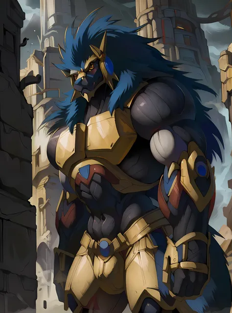 masterpiece, ultra detailed, official Bandai art, solo focus, male, apollomon whispered, black lion, digimon, gold armor, yellow eyes, glowing yellow eyes, full body, official art, muscular, absurdly high detail, detailed eyes, robot, mecha, long blue mane, long blue hair, (perfect proportions:1.1), (Delicate face:1.5), (Delicate eyes:1.5), (handsome!), make a picture of apollomon whispered performing an anime fighting action pose, extreme low angle, (art by Midjourney, Chunie, narse, jiandou, yupa, rakisha, kiyosan, darkgem, null-ghost, jiandou, XUAN_SIRIUS, Spelunker_Sal, meesh, FrAnubis, drks, jrjresq, bastroceive, ReptileCynrik, Saltypoundcake, tojo the thief, narse, honovy, Izrez, twinkle-sez, Adios, OrcFun), <lora:ApollomonWhispered:0.85> <lora:nomomassive:0.8> massive