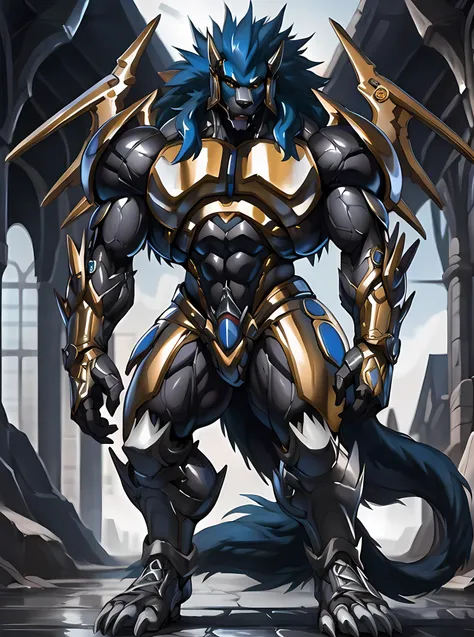 masterpiece, ultra detailed, solo focus, male, apollomon whispered, black lion, digimon, gold armor, yellow eyes, glowing yellow eyes, full body, official art, muscular, absurdly high detail, detailed eyes, robot, mecha, long blue mane, long blue hair, (perfect proportions:1.1), (Delicate face:1), (Delicate eyes:1), (handsome!), make a picture of apollomon whispered, (art by Midjourney, Chunie, narse, jiandou, yupa, rakisha, kiyosan, darkgem, null-ghost, jiandou, XUAN_SIRIUS, Spelunker_Sal, meesh, FrAnubis, drks, jrjresq, bastroceive, ReptileCynrik, Saltypoundcake, tojo the thief, narse, honovy, Izrez, twinkle-sez, Adios, OrcFun), <lora:ApollomonWhispered:0.85> <lora:Clothing - Chrome Armor:0.8> chr0me4rmor, chrome