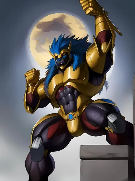 masterpiece, ultra detailed, multicolored eyes, celestial being, solo focus, male, apollomon whispered, black lion, digimon, gold armor, yellow eyes, glowing yellow eyes, full body, official art, video games, muscular, powerful veiny muscles, long body, wide chest, thick arms, thick legs, detailed eyes, robot, mecha, long blue mane, long blue hair, (perfect proportions:1.1), (Delicate face:1), (Delicate eyes:1), smug condescending smile, mocking gaze, make a night time picture of apollomon whispered reveling in his newfound strength after defeating his enemies, apollomon whispered is strutting around majestically with extreme confidence, cinematic extreme low angle shot, evil, villain, body looking powerful and ascending beyond godhood after absorbing the data of surrounding enemies, light blue aura, (art by Chunie, narse, jiandou, yupa, rakisha, kiyosan, darkgem, null-ghost, jiandou, XUAN_SIRIUS, Spelunker_Sal, meesh, FrAnubis, drks, jrjresq, bastroceive, ReptileCynrik, Saltypoundcake, tojo the thief, narse, honovy, Izrez, twinkle-sez, Adios, OrcFun), <lora:ApollomonWhispered:0.85>