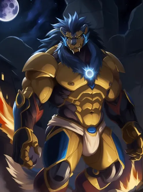 ( palace setting, flex, muscular, vivid colors, chiaroscuro, veiny muscles, hunk, sexy, sinister face, angular features,  handsome!, oiled body, ocean vista scenery background, looking at viewer, tall, long body, heavy build, ((night scene)), moonlit, chiaroscuro, (Totality Embodiment), Metapotence, bulky frame, 
large build, thick arms, thick legs, extremely wide thick chest, abs, extremely powerful body, large broad shoulders, thick thighs, thick biceps, massive hulking body,
(uploaded and trending on imgur, pixiv, furaffinity, pinterest, e621, inkbunny, tumblr, deviantart, artstation, ),
(in the style of and art by Chunie, jiandou, yupa, kiyosan, darkgem, Null-Ghost, Izrez, twinkle-sez, Adios, OrcFun, midjourney, greg rutkowski, raphael, thomas kinkade, ),
<lora:Leonhart Niehime to Kemono no Ou:0.5> Leonhart, red pupil eyes, demon king, <lora:ApollomonWhispered-10:0.5> apollomon whispered, black lion, Digimon, mecha, robot, long hair, blue mane, blue hair, armor, yellow eyes, sharp teeth, colored sclera, fangs, fire, no humans, solo, male focus, glowing, claws, )