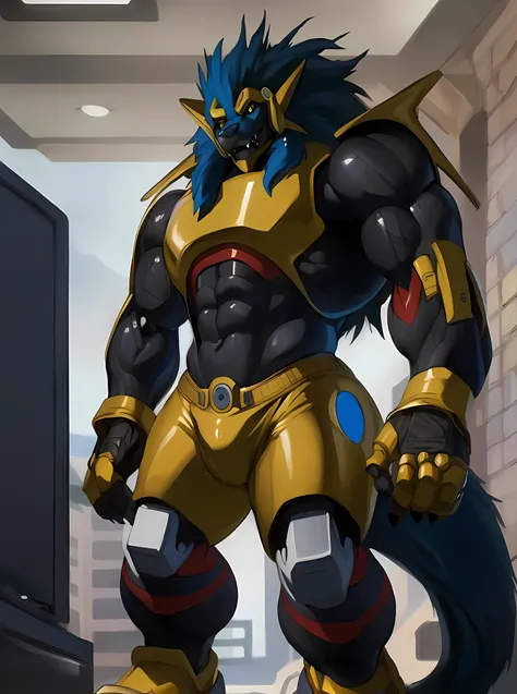 masterpiece, ultra detailed, multicolored eyes, celestial being, solo focus, male, apollomon whispered, black lion, digimon, gold armor, yellow eyes, full body, official art, video games, muscular, detailed eyes, robot, mecha, long blue mane, long blue hair, (perfect proportions:1.1), (Delicate face:1), (Delicate eyes:1), make a picture of apollomon whispered sweating while looking at a floating holographic computer screen showing his bitcoin status, (art by Chunie, narse, jiandou, yupa, rakisha, kiyosan, darkgem, null-ghost, jiandou, XUAN_SIRIUS, Spelunker_Sal, meesh, FrAnubis, drks, jrjresq, bastroceive, ReptileCynrik, Saltypoundcake, tojo the thief, narse, honovy, Izrez, twinkle-sez, Adios, OrcFun), <lora:ApollomonWhispered:0.85>