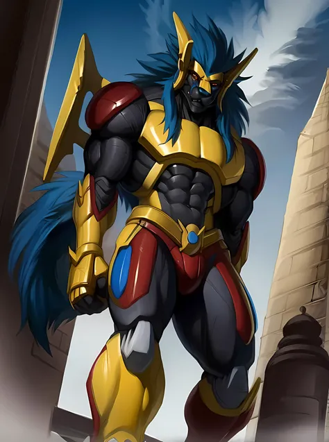 masterpiece, ultra detailed, multicolored eyes, celestial being, solo focus, male, apollomon whispered, black lion, digimon, gold armor, yellow eyes, glowing yellow eyes, full body, official art, video games, muscular, powerful veiny muscles, long body, detailed eyes, robot, mecha, long blue mane, long blue hair, (perfect proportions:1.1), (Delicate face:1), (Delicate eyes:1), smug condescending smile, mocking gaze, make a night time picture of apollomon whispered reveling in his newfound strength after defeating his enemies, apollomon whispered is strutting around majestically with extreme confidence, cinematic extreme low angle shot, evil, villain, body looking powerful after absorbing the data of surrounding enemies, (art by Chunie, narse, jiandou, yupa, rakisha, kiyosan, darkgem, null-ghost, jiandou, XUAN_SIRIUS, Spelunker_Sal, meesh, FrAnubis, drks, jrjresq, bastroceive, ReptileCynrik, Saltypoundcake, tojo the thief, narse, honovy, Izrez, twinkle-sez, Adios, OrcFun), <lora:ApollomonWhispered:0.85>