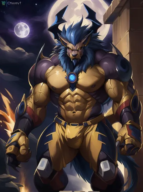 ( palace setting, flex, muscular, vivid colors, chiaroscuro, veiny muscles, hunk, sexy, sinister face, angular features,  handsome!, oiled body, ocean vista scenery background, looking at viewer, tall, long body, heavy build, ((night scene)), moonlit, chiaroscuro, (Totality Embodiment), Metapotence, bulky frame, 
large build, thick arms, thick legs, extremely wide thick chest, abs, extremely powerful body, large broad shoulders, thick thighs, thick biceps, massive hulking body,
(uploaded and trending on imgur, pixiv, furaffinity, pinterest, e621, inkbunny, tumblr, deviantart, artstation, ),
(in the style of and art by Chunie, jiandou, yupa, kiyosan, darkgem, Null-Ghost, Izrez, twinkle-sez, Adios, OrcFun, midjourney, greg rutkowski, raphael, thomas kinkade, ),
<lora:Leonhart Niehime to Kemono no Ou:0.5> Leonhart, red pupil eyes, demon king, <lora:ApollomonWhispered-10:0.5> apollomon whispered, black lion, Digimon, mecha, robot, long hair, blue mane, blue hair, armor, yellow eyes, sharp teeth, colored sclera, fangs, fire, no humans, solo, male focus, glowing, claws,  <lora:LeomonFRL22nO:0.5> leomon, )