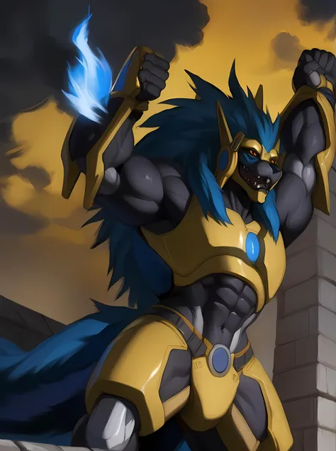 masterpiece, ultra detailed, multicolored eyes, celestial being, solo focus, male, apollomon whispered, black lion, digimon, gold armor, yellow eyes, glowing yellow eyes, full body, official art, video games, muscular, detailed eyes, robot, mecha, long blue mane, long blue hair, (perfect proportions:1.1), (Delicate face:1), (Delicate eyes:1), make a night time picture of apollomon whispered reveling in his newfound strength after defeating his enemies, apollomon whispered is flexing his arm with a closed fist, one arm stretched straight up in the air holding a very large black fireball, cinematic extreme low angle shot, evil, villain, blue fire, (art by Chunie, narse, jiandou, yupa, rakisha, kiyosan, darkgem, null-ghost, jiandou, XUAN_SIRIUS, Spelunker_Sal, meesh, FrAnubis, drks, jrjresq, bastroceive, ReptileCynrik, Saltypoundcake, tojo the thief, narse, honovy, Izrez, twinkle-sez, Adios, OrcFun), <lora:ApollomonWhispered:0.85>