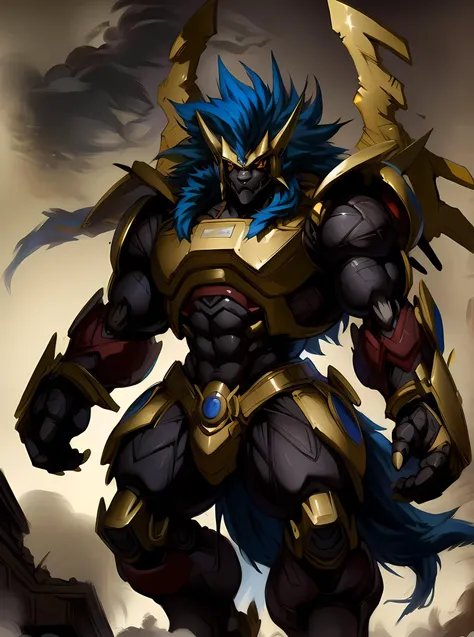 masterpiece, ultra detailed, solo focus, male, apollomon whispered, black lion, digimon, gold armor, yellow eyes, glowing yellow eyes, full body, official art, muscular, absurdly high detail, detailed eyes, robot, mecha, long blue mane, long blue hair, (perfect proportions:1.1), (Delicate face:1), (Delicate eyes:1), (handsome!), make a picture of apollomon whispered, (art by Midjourney, Chunie, narse, jiandou, yupa, rakisha, kiyosan, darkgem, null-ghost, jiandou, XUAN_SIRIUS, Spelunker_Sal, meesh, FrAnubis, drks, jrjresq, bastroceive, ReptileCynrik, Saltypoundcake, tojo the thief, narse, honovy, Izrez, twinkle-sez, Adios, OrcFun), <lora:ApollomonWhispered:0.85> <lora:AstralMecha:0.8>