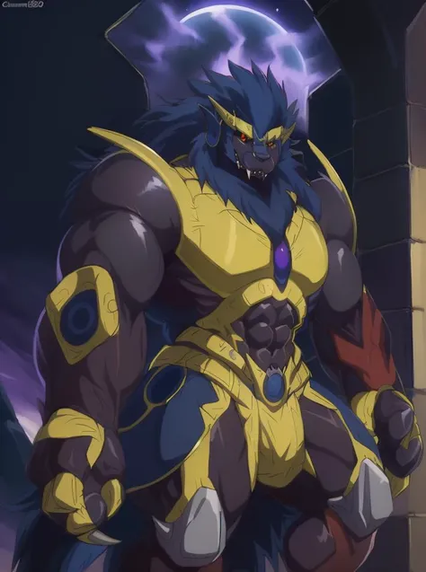 ( palace setting, flex, muscular, vivid colors, chiaroscuro, veiny muscles, hunk, sexy, sinister face, angular features, handsome!, oiled body, ocean vista scenery background, looking at viewer, tall, long body, heavy build, ((night scene)), moonlit, chiaroscuro, (Totality Embodiment), Metapotence, bulky frame,
large build, thick arms, thick legs, extremely wide thick chest, abs, extremely powerful body, large broad shoulders, thick thighs, thick biceps, massive hulking body,
(uploaded and trending on imgur, pixiv, furaffinity, pinterest, e621, inkbunny, tumblr, deviantart, artstation, ),
(in the style of and art by Chunie, jiandou, yupa, kiyosan, darkgem, Null-Ghost, Izrez, twinkle-sez, Adios, OrcFun, midjourney, greg rutkowski, raphael, thomas kinkade, ),
<lora:Leonhart Niehime to Kemono no Ou:0.85> Leonhart, red pupil eyes, demon king, <lora:ApollomonWhispered-10:0.8> apollomon whispered, black lion, Digimon, mecha, robot, long hair, blue mane, blue hair, armor, yellow eyes, sharp teeth, colored sclera, fangs, fire, no humans, solo, male focus, glowing, claws, )