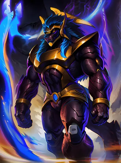 masterpiece, ultra detailed, solo focus, male, apollomon whispered, black lion, digimon, gold armor, yellow eyes, glowing yellow eyes, full body, official art, muscular, absurdly high detail, detailed eyes, robot, mecha, long blue mane, long blue hair, (perfect proportions:1.1), (Delicate face:1), (Delicate eyes:1), (handsome!), make a picture of apollomon whispered, (art by Midjourney, Chunie, narse, jiandou, yupa, rakisha, kiyosan, darkgem, null-ghost, jiandou, XUAN_SIRIUS, Spelunker_Sal, meesh, FrAnubis, drks, jrjresq, bastroceive, ReptileCynrik, Saltypoundcake, tojo the thief, narse, honovy, Izrez, twinkle-sez, Adios, OrcFun), <lora:ApollomonWhispered:0.85> <lora:higheststyle:0.8> higheststyle, glowing, multicolored background