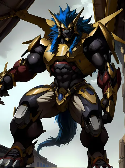masterpiece, ultra detailed, official Bandai art, solo focus, male, apollomon whispered, black lion, digimon, gold armor, yellow eyes, glowing yellow eyes, full body, official art, muscular, absurdly high detail, detailed eyes, robot, mecha, long blue mane, long blue hair, (perfect proportions:1.1), (Delicate face:1.5), (Delicate eyes:1.5), (handsome!), make a picture of apollomon whispered performing an anime fighting action pose, extreme low angle, (art by Midjourney, Chunie, narse, jiandou, yupa, rakisha, kiyosan, darkgem, null-ghost, jiandou, XUAN_SIRIUS, Spelunker_Sal, meesh, FrAnubis, drks, jrjresq, bastroceive, ReptileCynrik, Saltypoundcake, tojo the thief, narse, honovy, Izrez, twinkle-sez, Adios, OrcFun), <lora:ApollomonWhispered:0.85> <lora:StealthMecha:0.8>