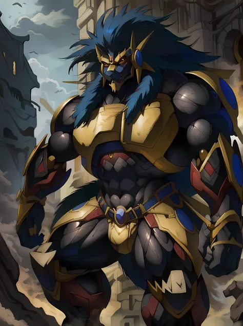 masterpiece, ultra detailed, official Bandai art, solo focus, male, apollomon whispered, black lion, digimon, gold armor, yellow eyes, glowing yellow eyes, full body, official art, muscular, absurdly high detail, detailed eyes, robot, mecha, long blue mane, long blue hair, (perfect proportions:1.1), (Delicate face:1.5), (Delicate eyes:1.5), (handsome!), make a picture of apollomon whispered performing an anime fighting action pose, extreme low angle, (art by Midjourney, Chunie, narse, jiandou, yupa, rakisha, kiyosan, darkgem, null-ghost, jiandou, XUAN_SIRIUS, Spelunker_Sal, meesh, FrAnubis, drks, jrjresq, bastroceive, ReptileCynrik, Saltypoundcake, tojo the thief, narse, honovy, Izrez, twinkle-sez, Adios, OrcFun), <lora:ApollomonWhispered:0.85> <lora:nomomassive:0.8> massive