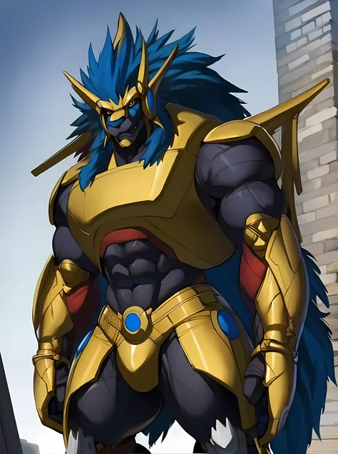 masterpiece, ultra detailed, solo focus, male, apollomon whispered, black lion, digimon, gold armor, yellow eyes, glowing yellow eyes, full body, official art, muscular, absurdly high detail, detailed eyes, robot, mecha, long blue mane, long blue hair, (perfect proportions:1.1), (Delicate face:1), (Delicate eyes:1), (handsome!), make a picture of apollomon whispered, (art by Midjourney, Chunie, narse, jiandou, yupa, rakisha, kiyosan, darkgem, null-ghost, jiandou, XUAN_SIRIUS, Spelunker_Sal, meesh, FrAnubis, drks, jrjresq, bastroceive, ReptileCynrik, Saltypoundcake, tojo the thief, narse, honovy, Izrez, twinkle-sez, Adios, OrcFun), <lora:ApollomonWhispered:0.85>  <lora:hailoknight12:0.8> hailoknight, holding sword, holding weapon