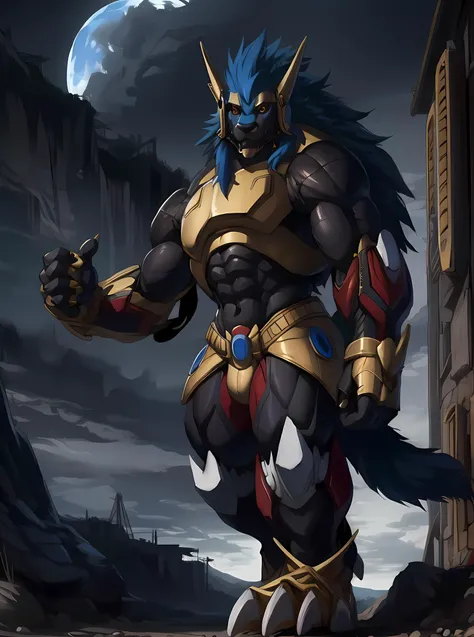 masterpiece, ultra detailed, solo focus, male, apollomon whispered, black lion, digimon, gold armor, yellow eyes, glowing yellow eyes, full body, official art, muscular, absurdly high detail, detailed eyes, robot, mecha, long blue mane, long blue hair, (perfect proportions:1.1), (Delicate face:1), (Delicate eyes:1), (handsome!), make a picture of apollomon whispered, (art by Midjourney, Chunie, narse, jiandou, yupa, rakisha, kiyosan, darkgem, null-ghost, jiandou, XUAN_SIRIUS, Spelunker_Sal, meesh, FrAnubis, drks, jrjresq, bastroceive, ReptileCynrik, Saltypoundcake, tojo the thief, narse, honovy, Izrez, twinkle-sez, Adios, OrcFun), <lora:ApollomonWhispered:0.85> <lora:xsarchitectural-12NightMoonsci-fi:0.8> foreground, moonlight reflection, sacredness, landscape, bright, fhd, 4k, high resolution, realistic, hyperrealism, ultra wide shot, canon 5d, v-ray, quixel megascans render, octane render