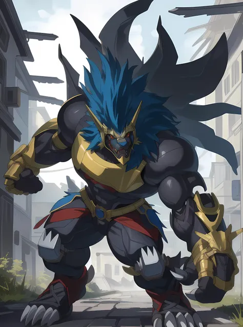 masterpiece, ultra detailed, multicolored eyes, celestial being, solo focus, male, apollomon whispered, black lion, digimon, gold armor, evil villain, yellow eyes, full body, official art, video games, muscular, detailed eyes, robot, mecha, long blue mane, long blue hair, dashing alluring gaze, smug smile, (perfect proportions:1.1), (Delicate face:1), (Delicate eyes:1), make a picture of apollomon whispered with an outstretched arm giving commands to his army, (art by Chunie, narse, jiandou, yupa, rakisha, kiyosan, darkgem, null-ghost, jiandou, XUAN_SIRIUS, Spelunker_Sal, meesh, FrAnubis, drks, jrjresq, bastroceive, ReptileCynrik, Saltypoundcake, tojo the thief, narse, honovy, Izrez, twinkle-sez, Adios, OrcFun), <lora:ApollomonWhispered:0.85>