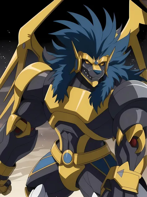 ( palace setting, flex, muscular, vivid colors, chiaroscuro, veiny muscles, hunk, sexy, sinister face, angular features,  handsome!, oiled body, ocean vista scenery background, looking at viewer, tall, long body, heavy build, ((night scene)), moonlit, chiaroscuro, (Totality Embodiment), Metapotence, bulky frame, 
large build, thick arms, thick legs, extremely wide thick chest, abs, extremely powerful body, large broad shoulders, thick thighs, thick biceps, massive hulking body,
(uploaded and trending on imgur, pixiv, furaffinity, pinterest, e621, inkbunny, tumblr, deviantart, artstation, ),
(in the style of and art by Chunie, jiandou, yupa, kiyosan, darkgem, Null-Ghost, Izrez, twinkle-sez, Adios, OrcFun, midjourney, greg rutkowski, raphael, thomas kinkade, ),
<lora:Leonhart Niehime to Kemono no Ou:0.85> Leonhart, red pupil eyes, demon king, <lora:ApollomonWhispered-10:0.8> apollomon whispered, black lion, Digimon, mecha, robot, long hair, blue mane, blue hair, armor, yellow eyes, sharp teeth, colored sclera, fangs, fire, no humans, solo, male focus, glowing, claws, )