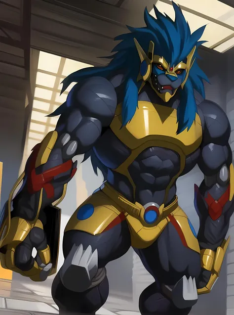 masterpiece, ultra detailed, official Bandai art, solo focus, male, apollomon whispered, black lion, digimon, gold armor, yellow eyes, glowing yellow eyes, full body, official art, muscular, absurdly high detail, detailed eyes, robot, mecha, long blue mane, long blue hair, (perfect proportions:1.1), (Delicate face:1.5), (Delicate eyes:1.5), (handsome!), make a picture of apollomon whispered performing an anime fighting action pose, extreme low angle, (art by Midjourney, Chunie, narse, jiandou, yupa, rakisha, kiyosan, darkgem, null-ghost, jiandou, XUAN_SIRIUS, Spelunker_Sal, meesh, FrAnubis, drks, jrjresq, bastroceive, ReptileCynrik, Saltypoundcake, tojo the thief, narse, honovy, Izrez, twinkle-sez, Adios, OrcFun), <lora:ApollomonWhispered:0.85> <lora:digimon3:0.8> digimon \(creature\)