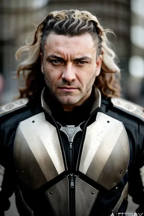 (dark shot:1.1), epic realistic, <lora:Prophet_Sunboy:0.8>
semi-cyborg male, 40y, biomechanical arms, dark caramel blonde sides ringlets hair with blond highlight, faded, (neutral colors:1.2), (hdr:1.4), (muted colors:1.2), hyperdetailed, (artstation:1.4), cinematic, warm lights, dramatic light, (intricate details:1.1), complex background, (rutkowski:0.66), (teal and orange:0.4), (intricate details:0.9), (hdr, hyperdetailed:1.2), (natural skin texture, hyperrealism, soft light, sharp)