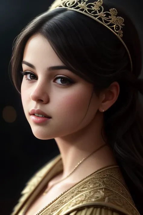 selenagomez as a medieval princess stganding in front of a castle, princess robe, crown, masterpiece, best quality, highest quality, cinematic lighting, (volumetric lighting), extremely detailed CG unity 8k wallpaper, focused, 8k wallpaper, 4k wallpaper, extremely detailed, ultra realistic, photorealistic, sharp focus, absurdres, (HDR:1.2), (high contrast), photograph, detailed and intricate, instagram, portrait, highly detailed, digital painting, artstation, concept art, smooth, sharp focus, illustration, cinematic lighting, Style-Princess,
