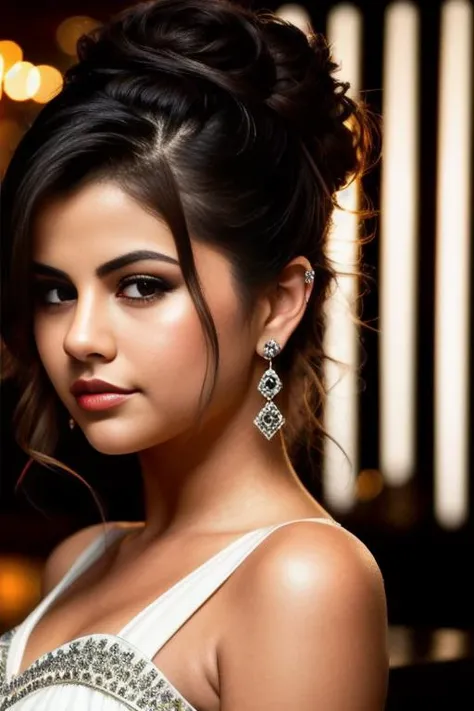 selenagomez, portrait photo of beautiful woman hair updo upsweep nightclub sitting at bar (masterpiece) (best quality) (detailed) (8k) (HDR) (wallpaper) (cinematic lighting) (sharp focus) (intricate)