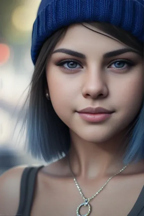 BertaCastane, masterpiece, best quality, high quality,extremely detailed CG unity 8k wallpaper, 1girl, solo, blue hair, tattoo, short hair, beanie, jewelry, smile, necklace, looking at viewer, hat, realistic, open mouth, teeth, upper body, tank top, nose, bare shoulders, artist name, black headwear, collarbone, arm tattoo, blue eyes, lips, blurry, oil paiting, award winning photography, Bokeh, Depth of Field, HDR, bloom, Chromatic Aberration ,Photorealistic,extremely detailed, trending on artstation, trending on CGsociety, Intricate, High Detail, dramatic, art by midjourney <lora:BertaCastane:0.9>