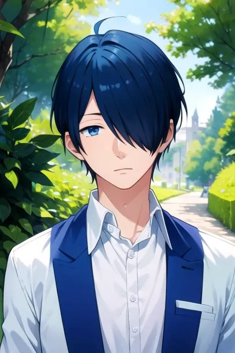 masterpiece, best quality, illustration, 1boy, solo, male focus, looking at viewer, upper body, , , , <lora:tsuyoshi_naoe:0.70>, tsuyoshi_naoe, blue hair, blue eyes, hair over one eye, , , ancient greece, 2k resolution