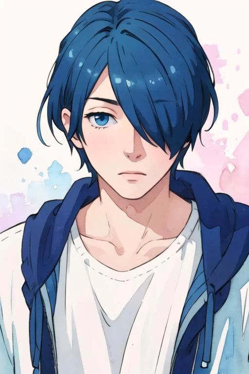 masterpiece, best quality, photorealistic, 1boy, solo, male focus, looking at viewer, , depth of field, (watercolor illustration, soft pastel colors:1.1), realistic, <lora:tsuyoshi_naoe:0.66>, tsuyoshi_naoe, blue hair, blue eyes, hair over one eye, , , ,