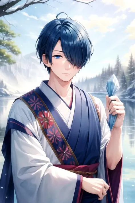 masterpiece, best quality, wallpaper, 1boy, solo, male focus, looking at viewer, , depth of field, (watercolor illustration, soft pastel colors:1.1), , <lora:tsuyoshi_naoe:0.72>, tsuyoshi_naoe, blue hair, blue eyes, hair over one eye, indian costume, frozen lakeside,