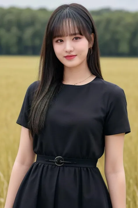 liz1, a woman, (realistic), (hyperrealism), (photorealistic), depth of field, eye makeup:0.8, (upper body:1.2), (narrow waist), looking at the viewer, black dress, at the field, <lora:httpliz:0.45>