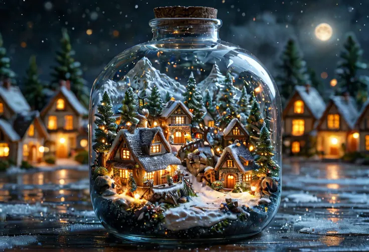 winter village in a bottle, snow, at night, intricate details, 8K, <lora:TQ_-_Miniature_Worlds_In_Bottles:0.8>
