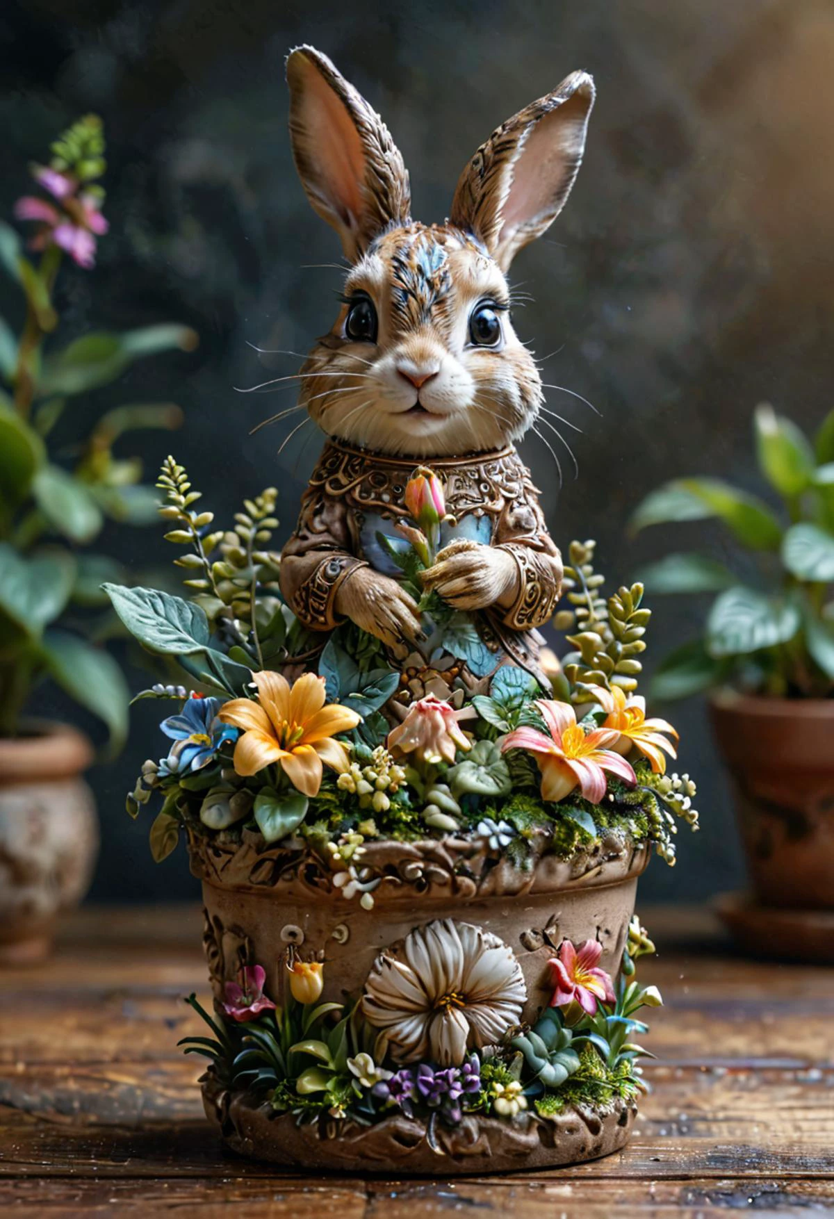 1 cute rabbit holding a flower pot, intricate details, 8K, <lora:TQ_-_Miniature_Worlds_In_Bottles:0.8>