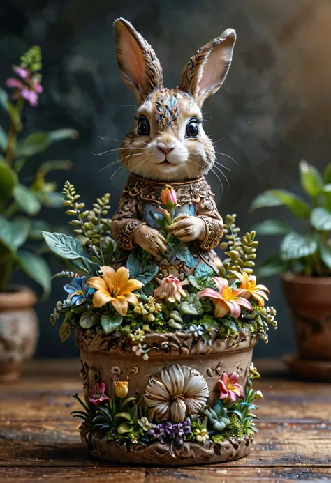 1 cute rabbit holding a flower pot, intricate details, 8K, <lora:TQ_-_Miniature_Worlds_In_Bottles:0.8>