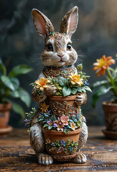 1 cute rabbit holding a flower pot, intricate details, 8K, <lora:TQ_-_Miniature_Worlds_In_Bottles:0.8>