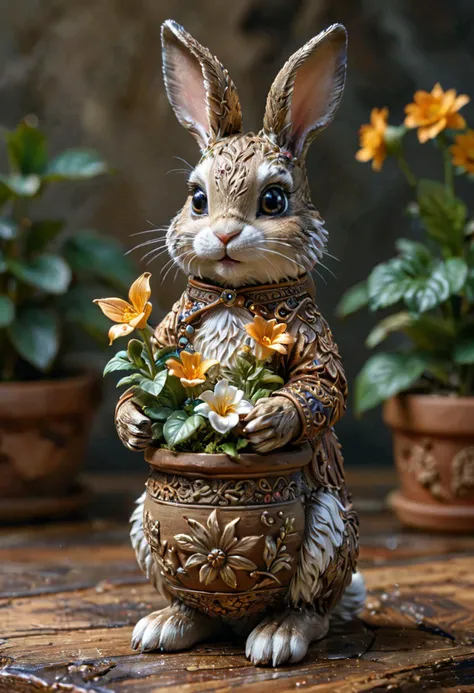 1 cute rabbit holding a flower pot, intricate details, 8K, <lora:TQ_-_Miniature_Worlds_In_Bottles:0.8>
