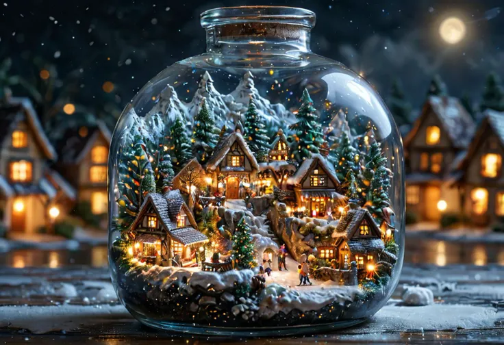winter village in a bottle, snow, at night, intricate details, 8K, <lora:TQ_-_Miniature_Worlds_In_Bottles:0.8>