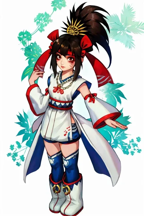 masterpiece, best quality, 1girl, solo, standing, himiko, short black hair, brown eyes, ponytail, facial mark, headband, hair ornament, blue thighhighs, boots, detached sleeves, white robe, necklace, shorts, red bow, white Japanese clothes, <lora:himiko-10ORv9:1>
