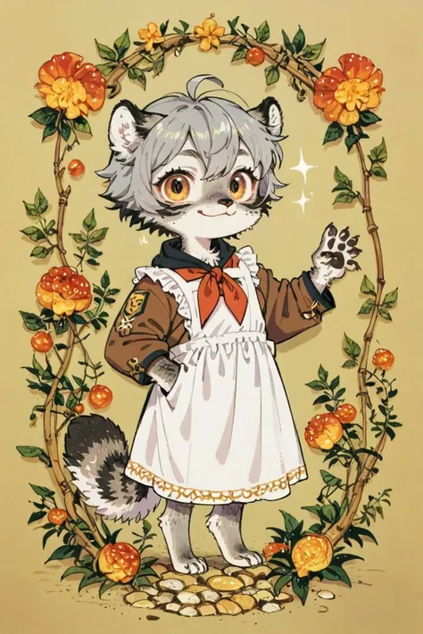 (anthro manul girl:1.3),chibi,golden eyes,grey hair,hair between eyes,grey_fur,paws,novel illustration,smile
cccpuniform,white  apron,brown dress,red neckchief,looking at viewer,long sleeves,Trepenok
<lora:Perfect Hands:1><lora:naip33:0.3><lora:Trepenok:0.75>
<lora:æ°çåç²:0.8>   <lora:èå¼æ ¡æ:0.8> <lora:age_slider_v4:-3>, score_9, score_8_up, score_7_up, score_6_up, score_5_up, score_4_up,zPDXL