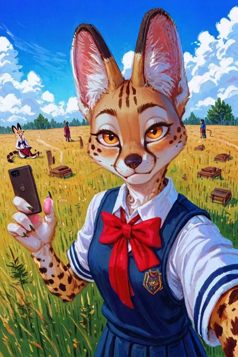 (anthro serval cat girl:1.2),blonde,portrait,looking at viewer,(solo:1.3)
african savannah, grass,school uniform, selfie, cloud,blue sky
<lora:Perfect Hands:1>  <lora:Trepenok:0.9> <lora:age_slider_v4:-2>, score_9, score_8_up, score_7_up, score_6_up, score_5_up, score_4_up,zPDXL