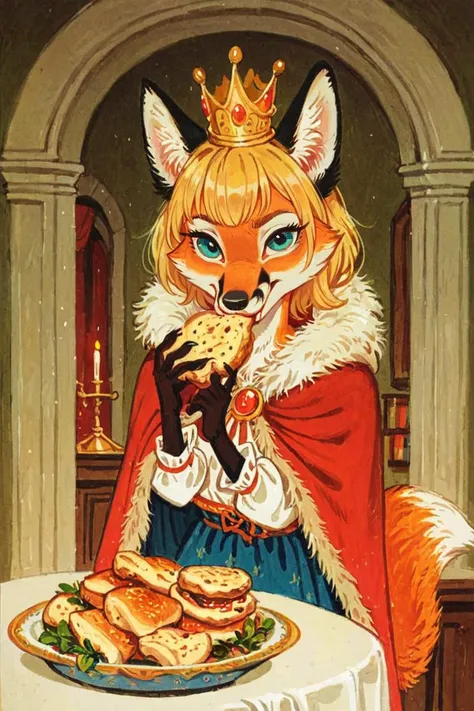 anthro fox girl,blonde hair,princess,(solo:1.5),indoors,crown, 
Trepenok,cape,portrait, Eating lunch,looking at viewer, 
<lora:Trepenok:0.8>
  <lora:age_slider_v4:-3> <lora:Perfect Hands:1>, score_9, score_8_up, score_7_up, score_6_up, score_5_up, score_4_up,zPDXL