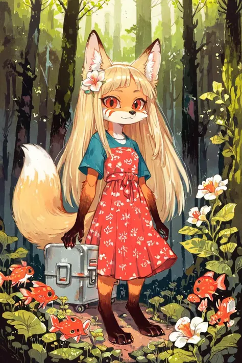 (anthro fox girl:1.4),(blonde hair:1.2),(solo:1.5),Trepenok,looking at viewer,casual dress
deep dark night,forest,paws,close-up,obselete machine toolbox,novel illustration, fish flower
<lora:Perfect Hands:1> <lora:age_slider_v4:-3>  <lora:3m0t3XLP:0.5> <lora:Ameli:1>, score_9, score_8_up, score_7_up, score_6_up, score_5_up, score_4_up,zPDXL