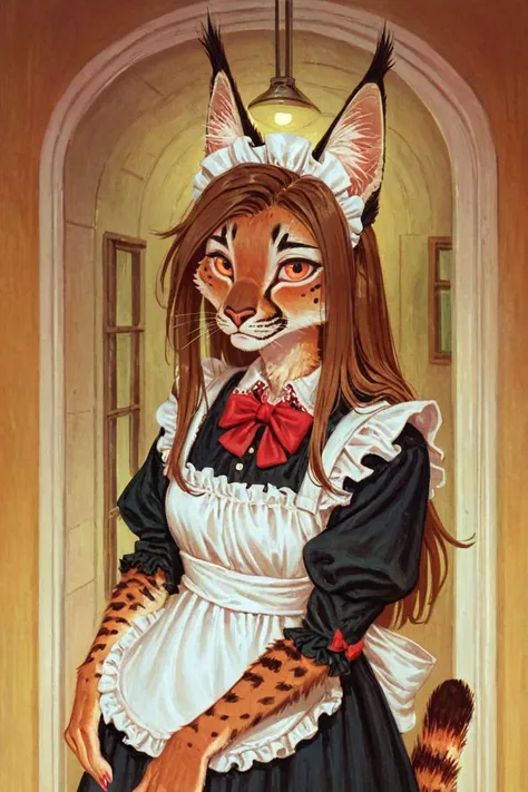 (anthro caracal girl:1.2),portrait,brown hair,long hair,looking at viewer,(solo:1.3)
subway staion,maid outfit,
<lora:Perfect Hands:1>  <lora:Trepenok:0.9> <lora:age_slider_v4:-3>, score_9, score_8_up, score_7_up, score_6_up, score_5_up, score_4_up,zPDXL