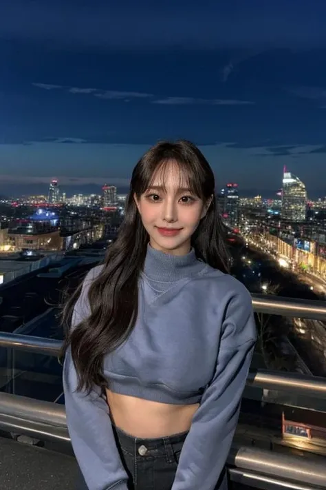 Fujifilm XT3, 8k, masterpiece, best quality, (((1girl))), solo, realistic, ((looking at viewer)), photorealistic, (extremely detailed face), looking at viewer, ((ultra-detailed eyes and pupils)), ultra detailed, serious expression, cropped top, ((standing against a city skyline at night)), (rooftop), sweatshirt crop top, abs, ((navel)), smile, pureerosface_v1, bangs, <lora:chuulorashy:1>
