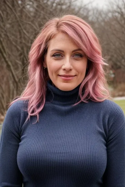 (portrait photo) of (jnmr woman:1.0), interested , wearing (blue turtleneck:1.1), (busty:1.1), (pink hair) , outdoors background      <lora:JenniferMorrisonDogu_jnmr:1>