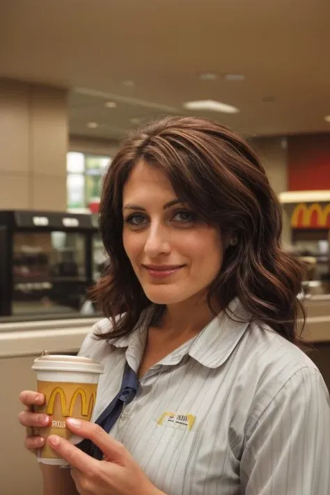 (portrait photo) of (lisd woman:1.0), (as a mcdonald's employee:1.2), f2, 35mm, film grain, low contrast      <lora:LisaEdelsteinDogu_lisd:1>