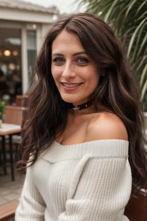 (portrait photo) of (lisd woman:1.0), very happy,long hair, wearing an off-shoulder sweater, choker, closeup portrait, in a outdoor cafe in 2015, afternoon light <lora:LisaEdelsteinDogu_lisd:1>