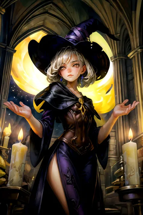 ((best quality)), ((masterpiece)), OdinSphereStyle, highres, absurdres, 1girl, (solo:1.4), young witch mixing potions, gothic, thin figure, young, cute face, smirk, (nice hands, perfect hands), short hair, curly hair, parted bangs, (detailed eyes, glowing eyes), (looking down), cowboy shot, (night), indoor, candles, candlelight, study, potions, vials, liquid, ingredients, messy, mystical, magical, playful, art nouveau <lora:drgcrown768:0.4> <lora:OdinSphereStylev2:0.5> <lora:MuchaV2-0.1-3-b31-bf16-D128-A1-1-ep64-768-DAdaptation-cosine:0.2> <lora:add_detail:1.2> <lora:EnvyCuteMix12:0.4>