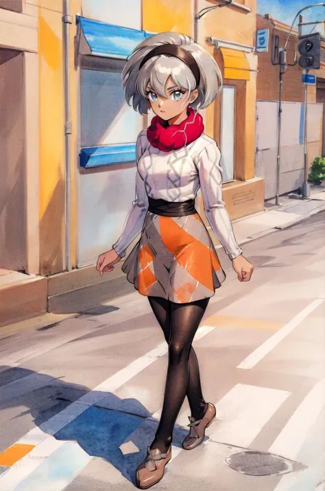Anime girl walking down the street in a skirt and scarf - SeaArt AI