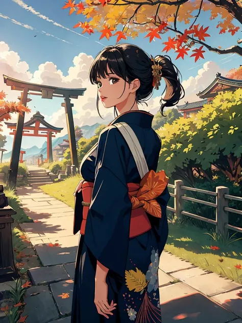 Masterpiece,best quality,Ultra detailed,intricate details,rich background,illustration,Colorfully,best quality,detailed face,perfect lighting,upper body shot,
,
(a woman:1.2),solo,cute,Mature,beautiful woman,(smile:0.2),(lipstick:0.7),(parted_lips:1.2),long black hair,messy bangs,(Wind:1.1),kimono, sash,Breeze,
<lora:takada_akemi_offset:1>