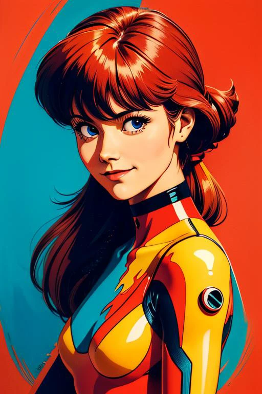 <lora:souryuu_asuka_langley-10:0.65> souryuu_asuka_langley, red plugsuit, bodysuit, long sleeves, (medium breasts), portrait, upper body, smile, looking at viewer,
<lora:vintageStyle_v10:0.38> vintage retro,
<lora:psychAnimeStyle:0.85> p4a psychedelic, paint splashes, colorful background,
<lora:akemiTakada1980sStyle_1:0.3> takada akemi, 1980s \(style\), (high quality:1.2), masterpiece, detailed, highres, 8k, UHD, sharp focus